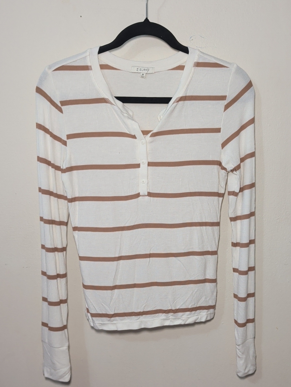 Z Supply White + Tan Striped Ribbed Henley Long Sleeve Top Stretch Womens Size M